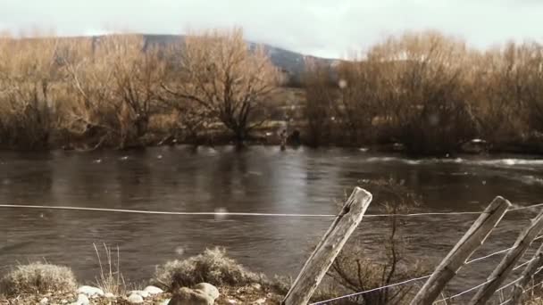 Παλιά Γουντ Φενς Κοντά Ένα Ποτάμι Στην Παταγονία Στη Νότια — Αρχείο Βίντεο