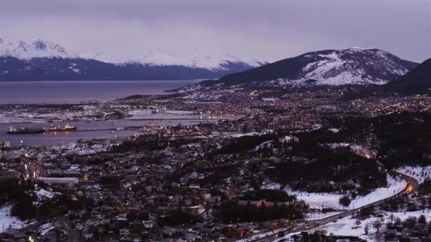 Miasto Ushuaia Zachodzie Słońca Stolica Prowincji Tierra Del Fuego Argentynie — Wideo stockowe