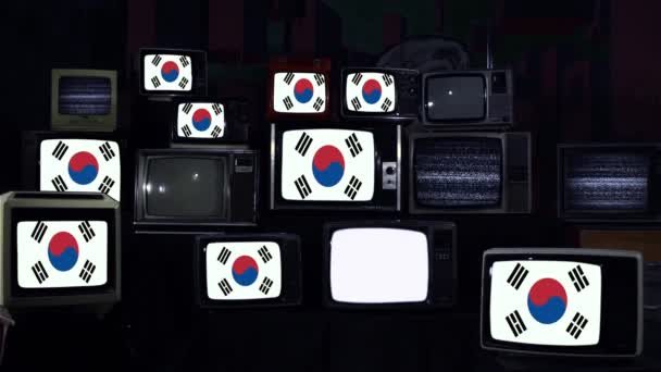 Σημαίες Της Νότιας Κορέας Και Retro Τηλεοράσεις Μπλε Σκούρος Τόνος — Αρχείο Βίντεο