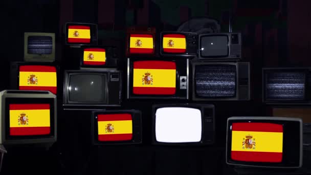 Spanische Flaggen Und Retro Fernseher Blauer Dunkler Ton — Stockvideo