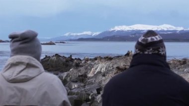 Beagle Channel, Arjantin 'deki bir adada Deniz Aslanları' na bakan turistler. 