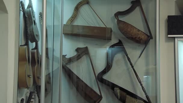 Paz Bolívia 2019 Ancient Harps Guitars Museum Musical Instruments Paz — Vídeo de Stock