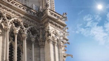 Yangından birkaç ay önce Notre Dame De Paris 'teki Gargoyles heykellerinin düşük açılı görüntüsü. Yakınlaştır. 