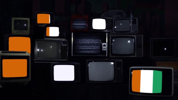 Ivoorkust Vlag Vintage Televisies Blauwe Donkere Toon Inzoomen — Stockvideo
