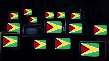 Guyana Bayrakları ve Vintage Televizyonları. Koyu Mavi Ton. 