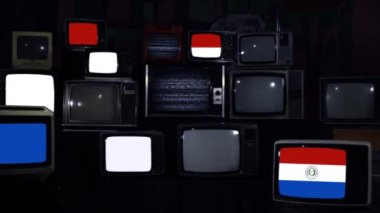 Paraguay ve Vintage Televisions bayrakları. Koyu mavi tonda. Yakınlaştır. 
