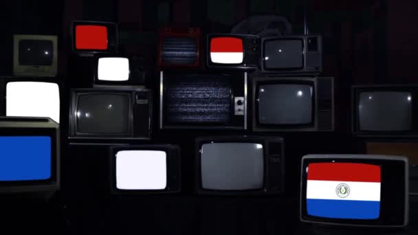 Vlaggen Van Paraguay Vintage Televisies Donkerblauwe Toon Inzoomen — Stockvideo