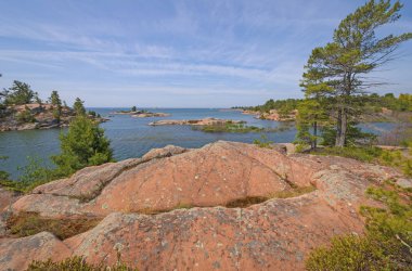 Wildblown ağaçlar uzak Gölü Huron Lakeshore Killarney Provincial Park Ontario boyunca