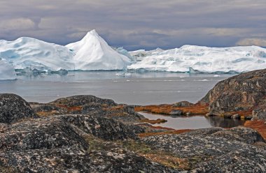 Ilulissat, Grönland 'ın Icefjord' u yakınlarındaki kutup kıyısı boyunca renkli kıyı bölgeleri