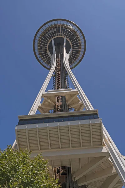 Looking up at the Seattle Space Needle in Space Needle Park in Seattle