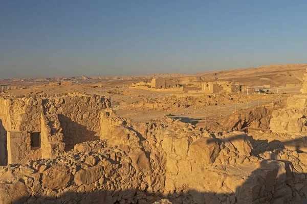 Vista Antigua Fortaleza Masada Una Mesa Del Desierto Israel — Foto de Stock