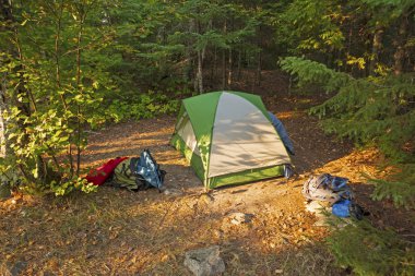 Ontario 'daki Quetico İl Parkı' ndaki Diğer Adam Gölü 'nde tenha bir çadır.