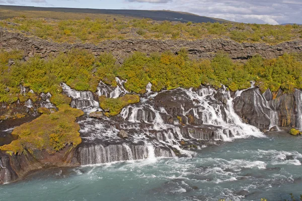 Dramáticas Cataratas Hraunfossar Fluyen Desde Campo Lava Cerca Husafell Islandia —  Fotos de Stock