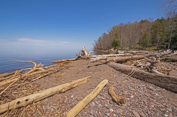 Zertrümmerte Baumstämme und abgenutzte Felsen an einem ruhigen Seeufer — Stockfoto