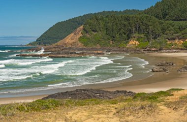 Oregon sahilindeki Rocky Strawberry Hill Sahilinde Yuvarlanan Dalgalar