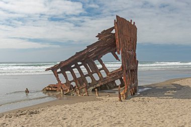 Oregon 'daki Fort Stevens Eyalet Parkı' nda Peter Iredale Batığının Paslı İskeleti