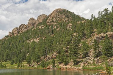 Colorado 'daki Rocky Mountain Ulusal Parkı' nda, Lily Gölü 'nün üzerindeki Rocky yamaçlarına tırmanan çamlar.