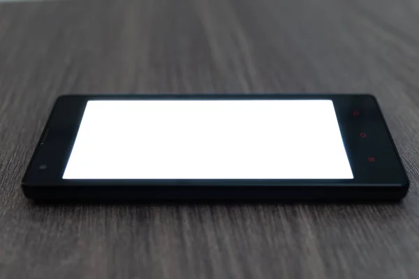 Smartphone Biały Ekran Leży Poziomo Biurko Drewniane Tła Tabeli Układ — Zdjęcie stockowe