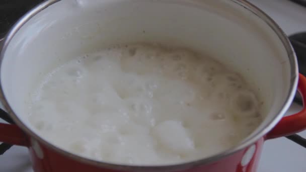 带牛奶的燕麦片在厨房炉子上的红色搪瓷平底锅中煮和煮 泡沫聚集在水面上 用不锈钢勺子搅拌粥 — 图库视频影像