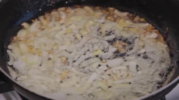 ガスストーブの上ホット黒豚鉄フライパンで野菜のひまわり油を沸騰焙煎白タマネギのみじん切りのスライスの Pan 全体を表示します 伝統的な自然なピリ辛前菜 — ストック動画