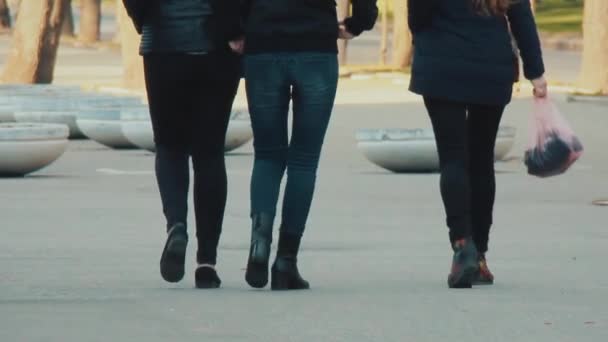 Tres figuras femeninas irreconocibles juntas están en la carretera . — Vídeos de Stock