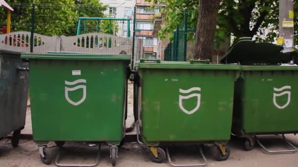 Latas de lixo no local para lixo no pátio. Recipientes plásticos — Vídeo de Stock