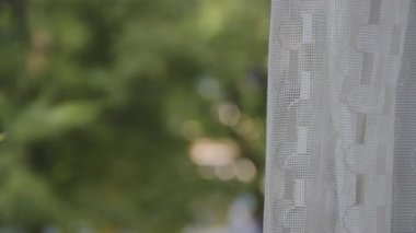 Açık pencere perdesine bak. Bulanık bokeh olarak görülen yeşil ağaçlar. Çekim
