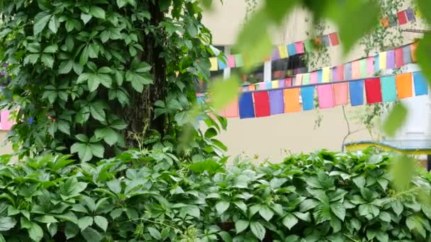 Banderas de colores brillantes revolotean en el viento en un día soleado y cálido. Guirnalda de banderas de fiesta — Vídeo de stock