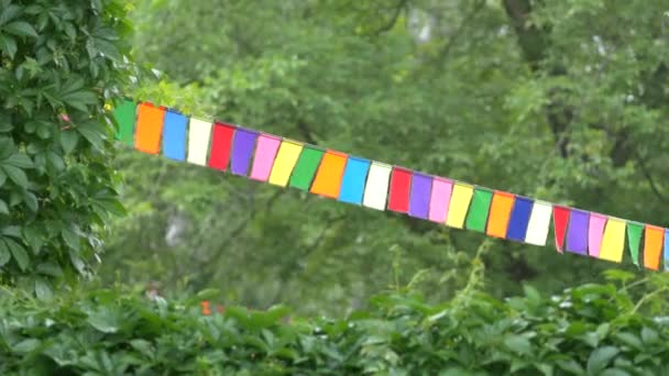 Des drapeaux de couleur vive flottent dans le vent par temps chaud et ensoleillé. Guirlande de drapeaux de fête — Video