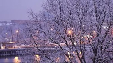Yoğun bir kar yağışı sonrası akşam şehri. Ağaç dallarında kar taneleri var. Arabalar gün batımında Moskva Nehri 'nin seti boyunca gider. Tarihi merkezin kışın güzel manzara manzarası