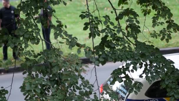 Polisi patroli masuk ke mobil. Pria berseragam hitam dengan rompi anti peluru dan pistol — Stok Video