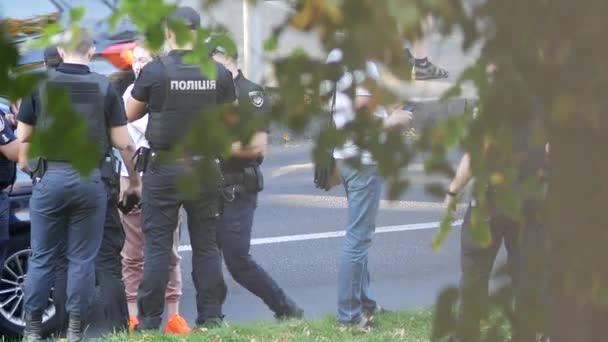 Politieagenten staan in de buurt van zwarte BMW op de weg en gesprekken met passagiers. — Stockvideo