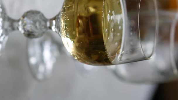 Luftbubblor stiger i dricksglas. Kristallglas med champagne. Vinrankor av glas — Stockvideo