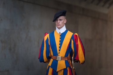 VATİKAN ŞEHRİ, VATİKAN - 3 Eylül 2014: Ünlü İsviçreli Muhafız Gözetim Bazilikası girişi. 110 adamıyla Papalık Muhafızları dünyanın en küçük ordusu..