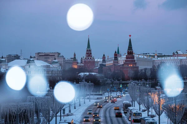 Weergave Van Moskou Rivier Embankment Van Het Kremlin Nacht Van — Stockfoto