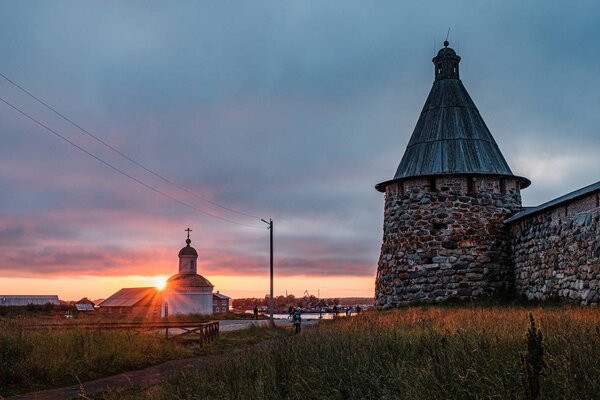 Beautiful russian Solovki Monastery at summer day.