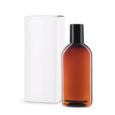 Kahverengi renk metin ve beyaz arka plan üzerinde beyaz bir kutu için yer ile Kozmetik şişe. Tasarımcı için tedarik