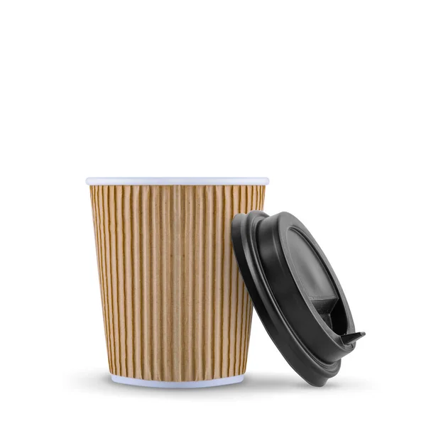 Taza de papel Kraft de café con tapa negra sobre fondo blanco — Foto de Stock