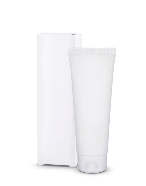 Kozmetik ve beyaz bir arka plan üzerinde beyaz bir kutu ile metin için yer için beyaz tüp. Tedarik Tasarımcısı. Şablon Tasarımcısı
