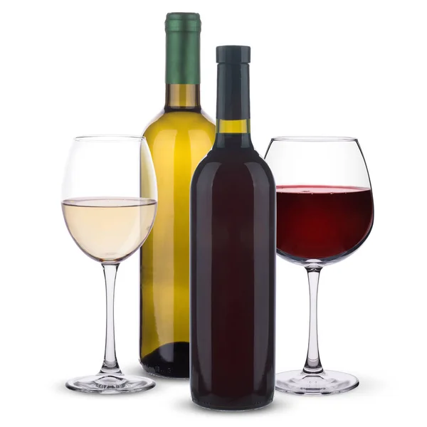 glasses with red and white wine and bottles of wine on a white background