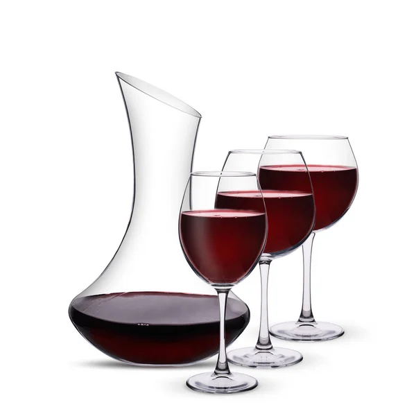 Glasses with red wine and decanter on white background — Stock Photo, Image