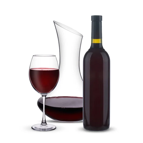 Κόκκινο κρασί με μια καράφα και ένα μπουκάλι σε λευκό φόντο — Φωτογραφία Αρχείου