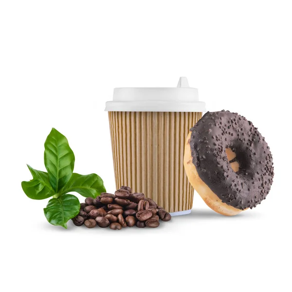 Kraft paper cup of coffee with white lid and coffee beans and chocolate donut on white background — Stock Photo, Image