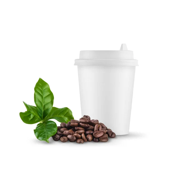 White paper cup with a white lid of coffee beans on a white background. — Stock Photo, Image