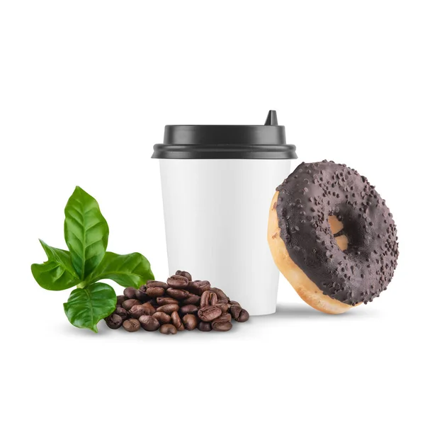 White paper cup with a black lid of coffee beans and a chocolate donut on a white background. — Stock Photo, Image