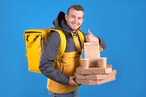 Smiling Courier Delivering Food Your Home Office Yellow Jacket Thermo — Stock Photo, Image