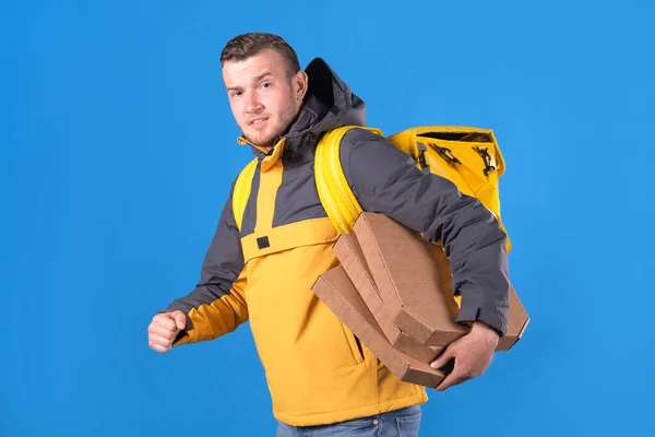 Unshaven Caucasian Young Blond Guy Food Delivery Guy Branded Yellow — Stock Photo, Image