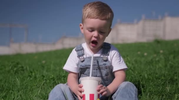 Blond caucasian boy sits on green grass in summer weather outside and quenches his thirst by drinking cold drink from straw pipe and white paper Cup. Child drinks coke with ice in summer heat of sun. — Stock Video