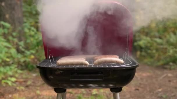 Cocine abre la tapa de la parrilla roja caliente barbacoa con pollo, cerdo y embutidos de carne de res y los da vuelta. El hombre en el picnic prepara jugosas salchichas en la barbacoa. Las salchichas fritas con corteza son carbones cocidos en el bosque. — Vídeos de Stock