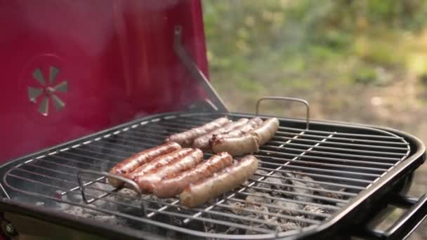 Cocinero abre tapa de parrilla barbacoa caliente con pollo, cerdo y embutidos de carne de res y los da vuelta con pinzas de hierro. El hombre en el picnic prepara las salchichas jugosas a los carbones calientes. Embutidos fritos con corteza en barbacoa — Vídeos de Stock